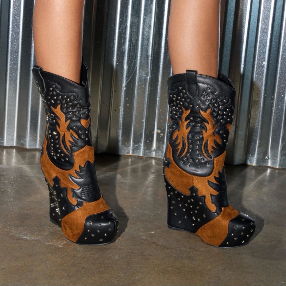 Stylish Black and Brown Studded Wedge Boots
